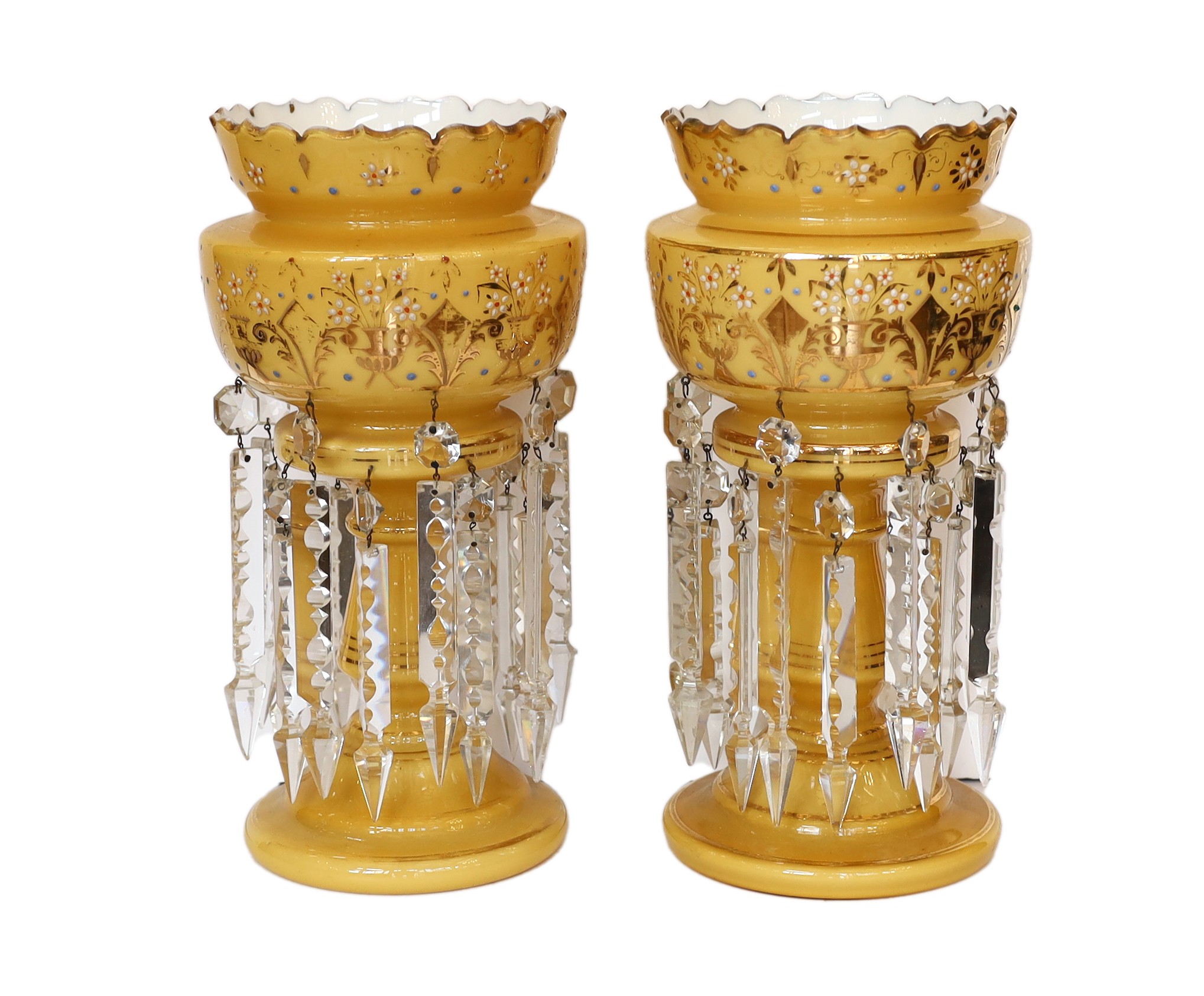 A pair of late 19th century Bohemian opaque glass lustres with enamelled and gilt floral decoration, height 37cm